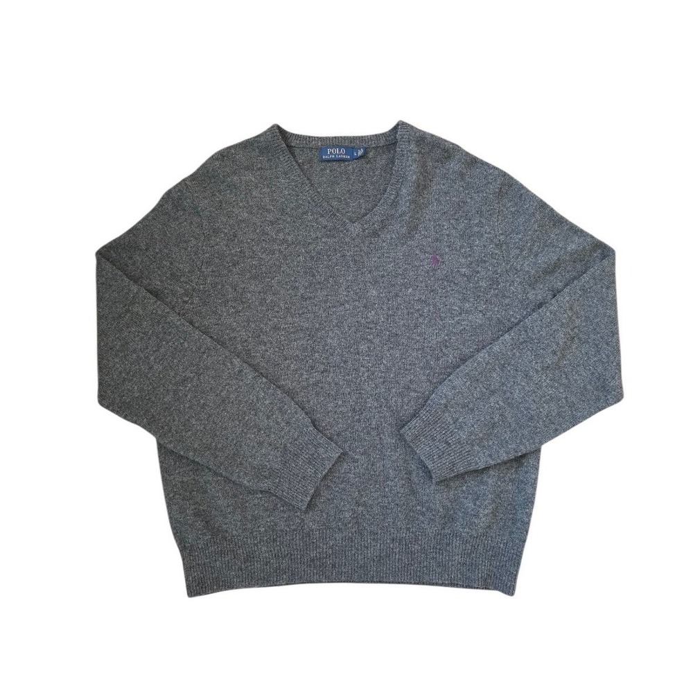 Polo Ralph Lauren Gray Wool V-neck Purple Embroidered Logo Preppy Sweater sz L